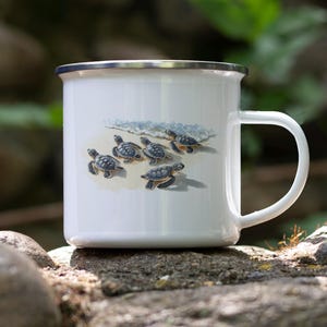 Baby Turtles Enamel Camping Mug – Ocean Beach Tin Cup, Sea Turtle Nature Gift, Cute Wildlife Travel Mug for Outdoors