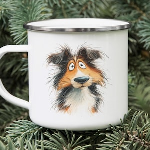 Shetland Sheepdog Enamel Camping Mug – Watercolor Impasto Art, Cartoon Dog Tin Mug, Sheltie Gift for Dog Lovers