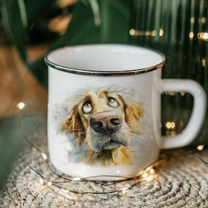 Golden Retriever Enamel Camping Mug – Watercolor Impasto Dog Art Tin Cup, Cute Cartoon Pet Lover Gift, Rustic Campfire Drinkware