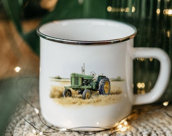 Vintage Green Tractor Enamel Mug: Rustic Farmhouse Coffee Cup