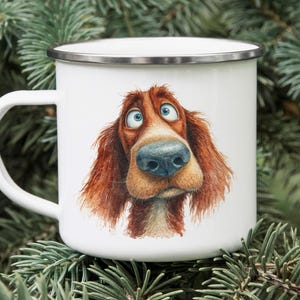Irish Setter Enamel Camping Mug – Watercolor Impasto Dog Art – Cartoon Tin Mug for Outdoors, Hiking, Gift for Dog Lovers