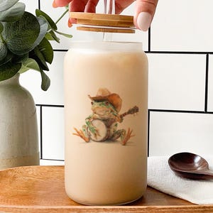 Vaso de vidrio con diseño de rana, vaquero y banjo: taza de café helado con arte animal del oeste