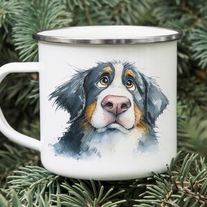 Bernese Mountain Dog Enamel Camping Mug – Watercolor Impasto Art Tin Cup, Cartoon Dog Lover Gift, Rustic Outdoor Coffee Mug