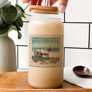 Outer Banks Wild Horses Glass Tumbler – North Carolina Dunes Scene, Vintage Postage Stamp Style, Banker Horse Art Cup