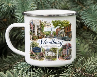 Woodbury Connecticut Enamel Mug, Historic Streets Antique Shops Souvenir Camping Cup