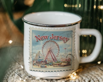 Wildwood Beach NJ Enamel Camping Mug: Vintage Amusement Park Scene