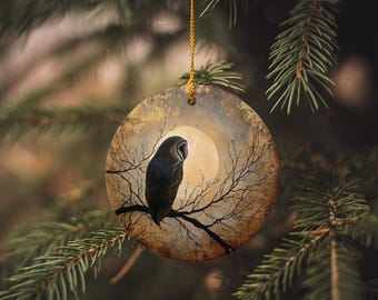 Barn Owl Ornament: Full Moon Silhouette, Ceramic Nature Gift