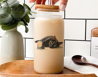 Bombay Cat Glass Tumbler: Gothic Candlelight Art, Bamboo Lid & Straw