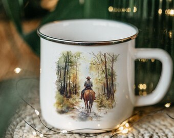 Horseback Rider Enamel Camping Mug: Forest Scene Drinkware