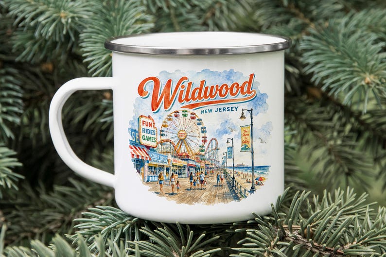 A white enamel mug with a printed illustration of a boardwalk and amusement park in New Jersey.