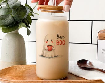 Ghost Coffee Glass Tumbler – Spooky Fall Drinkware with Bamboo Lid