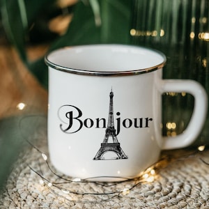Eiffel Tower Enamel Camping Mug: Bonjour Paris, French Travel Gift