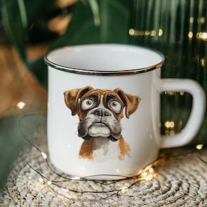 Cartoon Boxer Dog Enamel Camping Mug – Watercolor Impasto Art Tin Cup, Funny Pet Lover Gift, Rustic Outdoor Coffee Mug