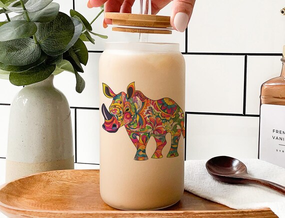 Rhinoceros Glass Tumbler: Vibrant Animal Art Drinkware