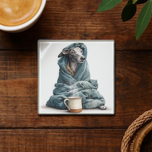 Whippet Dog Glass Coaster – Cozy Blanket & Hot Drink Art, Cute Greyhound Gift, Animal Lover Home Decor, Dog Coffee Table Accessory