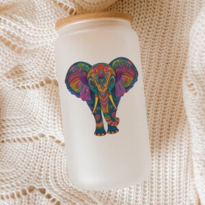 Colorful Mandala Elephant Glass Tumbler – Boho Animal Print Iced Coffee Cup, Vibrant Reusable Drinkware Gift
