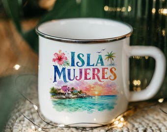 Taza de camping esmaltada Isla Mujeres Sunset, taza de café de viaje para la playa tropical