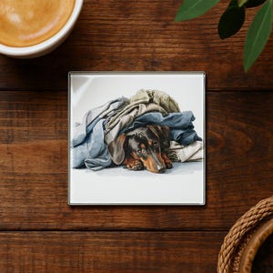Dachshund in Blankets Glass Coaster – Cute Wiener Dog Home Decor, Sausage Dog Gift, Cozy Pet Lover Drink Coaster