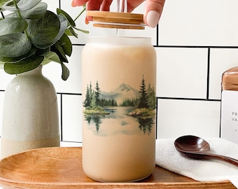 Watercolor Lake Scene Glass Tumbler: Eco-Friendly Drinkware