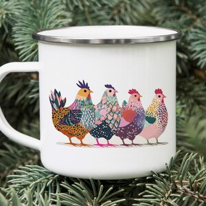 Playful Chicken Enamel Camping Mug – Bold Patterned Hens Illustration – Modern Farmhouse Tin Mug – Rustic Animal Gift Cup