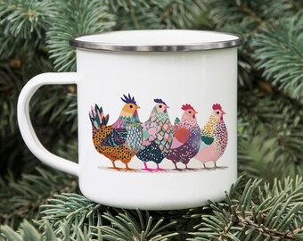 Chicken Enamel Camping Mug: Playful Hen Illustration, Modern Farmhouse Style