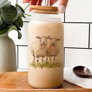 Watercolor Sheep Glass Tumbler: Farm Animal Drinkware with Bamboo Lid
