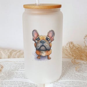 French Bulldog Glass Tumbler – Watercolor Cartoon Dog Cup, Impasto Art Style, Cute Pet Lover Gift, Colorful Animal Drinkware