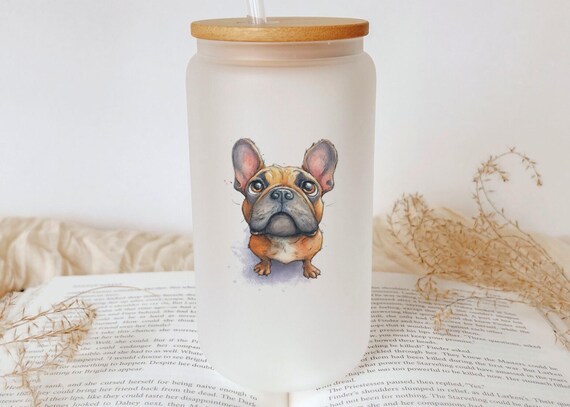 French Bulldog Glass Tumbler: Watercolor Dog Cup, Bamboo Lid