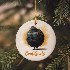Funny Coal Goals Ornament – Animated Coal Character with Sunglasses – Ceramic Christmas Tree Decoration Gift