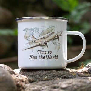 Retro Airplane Enamel Camping Mug: Vintage Map Adventure Gift