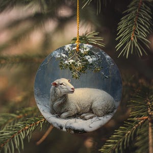 Sheep Under Snow Ceramic Ornament: Rustic Winter Mistletoe Scene