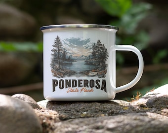 Ponderosa State Park Enamel Camping Mug: Mountain Pine Forest Scene