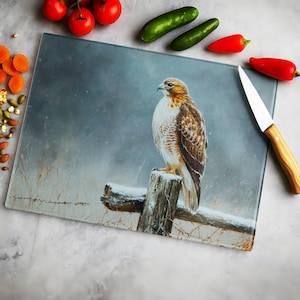 Red-Tailed Hawk Glass Cutting Board: Winter Bird Art Kitchen Decor