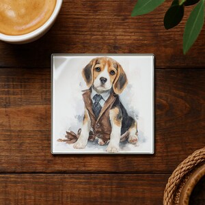 Cute Beagle Puppy Dressed Up Glass Coaster – Adorable Dog Lover Gift, Dapper Pet Decor, Funny Animal Drink Coaster