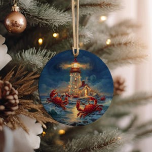 Crab Lighthouse Holiday Ornament – Ceramic Coastal Christmas Decor with Crabs & Nautical Beacon Scene