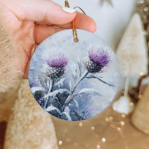 Frosted Thistle Ceramic Ornament – Hand-Painted Winter Floral Holiday Decor, Botanical Christmas Tree Hanging Gift