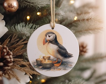 Handpainted Puffin Ceramic Ornament: Coastal Christmas Decor