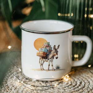 Desert Burro Gift Tin Mug – Enamel Camping Mug with Donkey & Presents Illustration – Rustic Western Coffee Cup