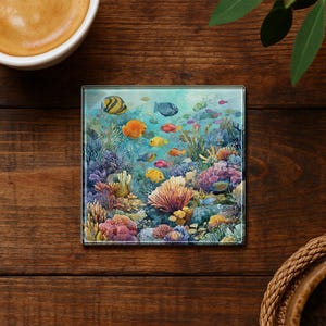 Tropical Ocean Coral Reef Watercolor Glass Coaster – Colorful Fish Beach House Decor, Coastal Nautical Drink Coaster
