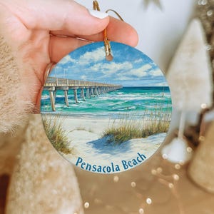 Pensacola Beach Pier Ceramic Ornament – Emerald Waves, Sand Dunes, Seagrass Coastal Christmas Decor Gift