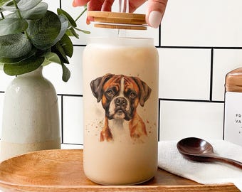 Boxer Dog Glass Tumbler: Watercolor Pet Art, Bamboo Lid & Straw