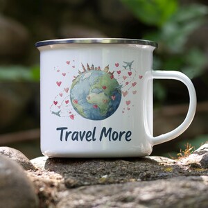Travel More Enamel Mug: Globe, Heart Trails & Planes - Wanderlust Gift