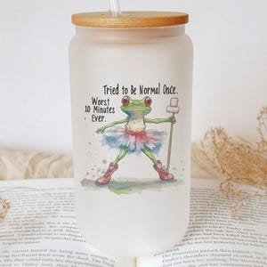 Funny Frog Glass Tumbler: Hiking Boots Tutu Design - Quirky Iced Drink Cup