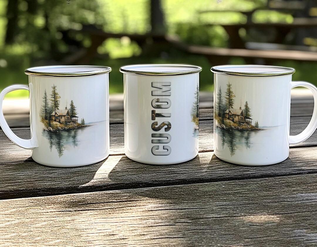 Rustic Lake Cabin Personalized Tin Mug, Outdoor Woods Enamel Camping ...