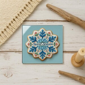 Snowflake Cookie Glass Coaster – Winter Holiday Drink Coaster, Sweet Season Décor, Christmas Table Accent, Gift Under 20