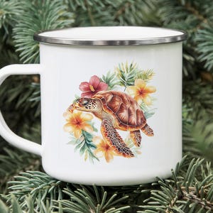 Sea Turtle Enamel Camping Mug – Watercolor Brown Turtle with Tropical Flowers – Tin Travel Mug for Beach Lovers