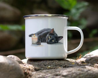 Bombay Cat Enamel Camping Mug: Cozy Candlelight Scene