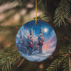 Frostbitten Nutcracker Ornament – Cracked Soldiers & Broken Sleigh Ceramic Christmas Decor Under Northern Stars