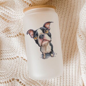 Boston Terrier Glass Tumbler – Watercolor Cartoon Dog Cup, Impasto Art Style, Cute Pet Lover Gift, Animal Drinkware