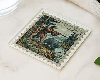 Bear Hunter Glass Coaster: Rustic Wildlife Cabin Decor